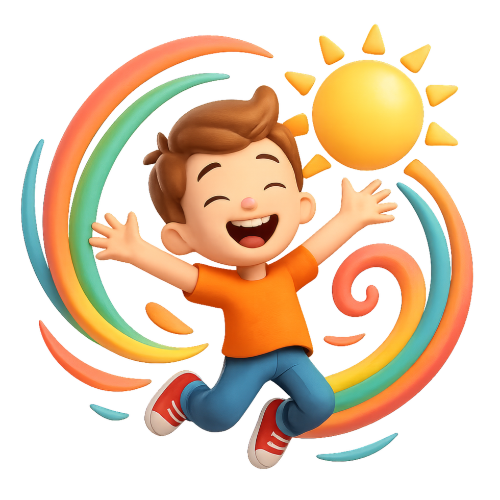 Joyful Child Jumping with Rainbows and Sun in a Colorful Scene png