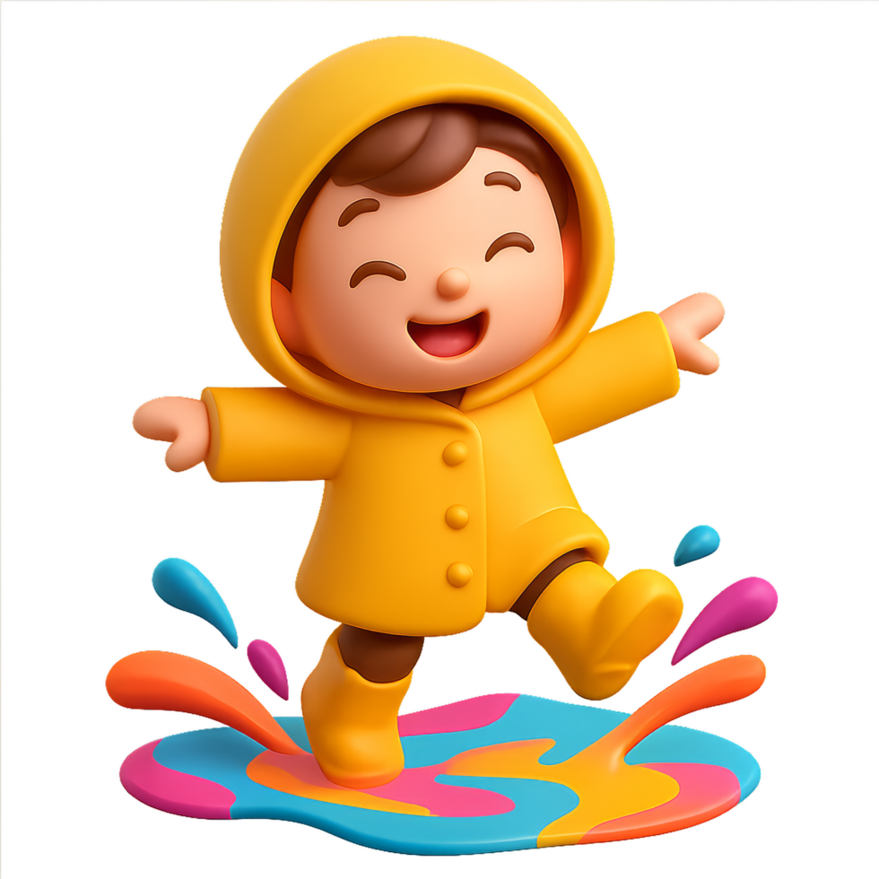 Happy Child Jumping in Puddles in Bright Yellow Raincoat png