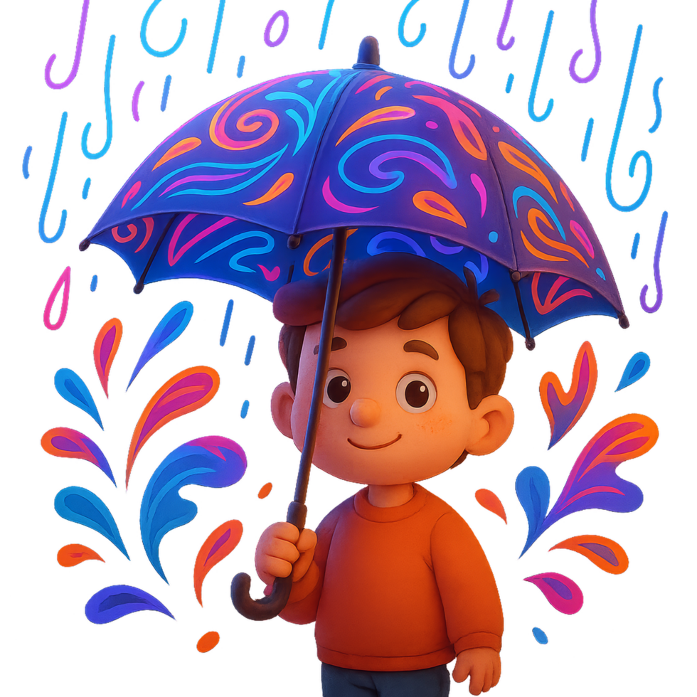 Colorful Umbrella Adventure with Playful Character and Vibrant Design png