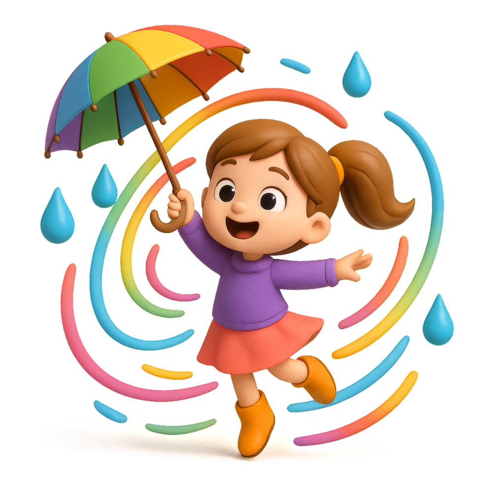 Cartoon Girl with Umbrella Surrounded by Colorful Rainbow Swirls png