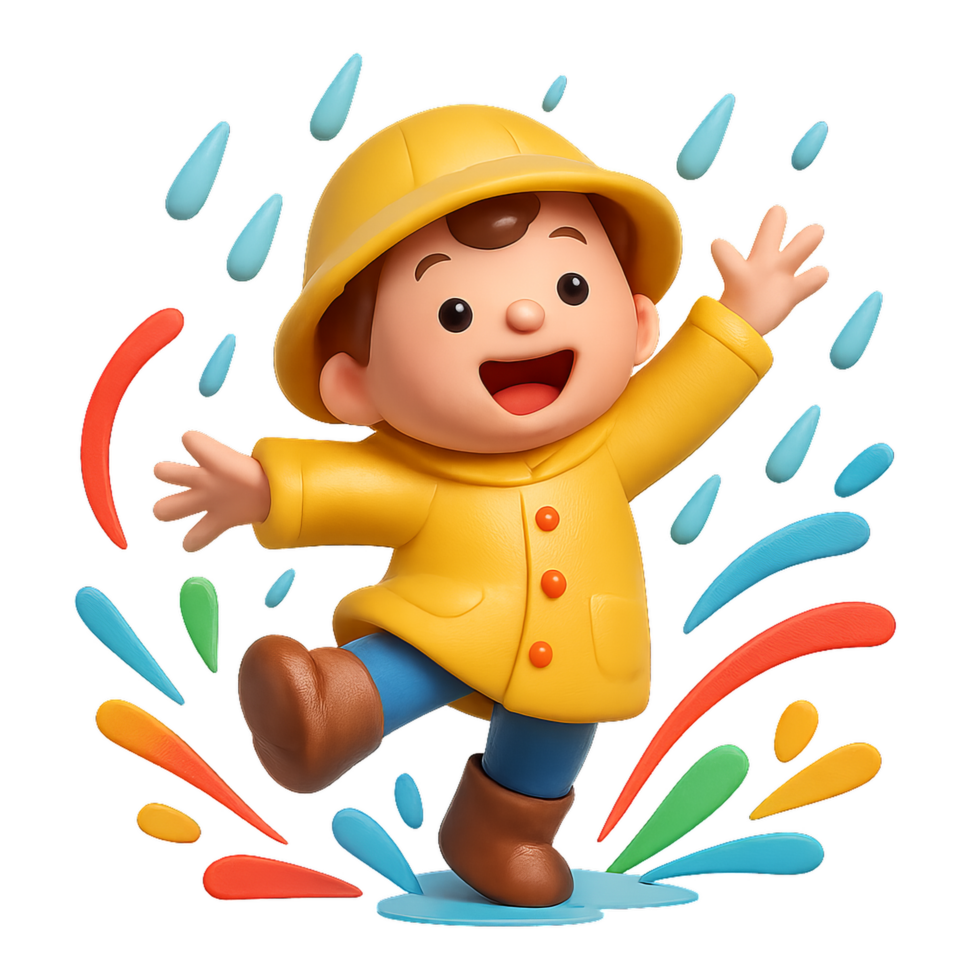Joyful Child Dancing in Rain with Colorful Splashes Around png