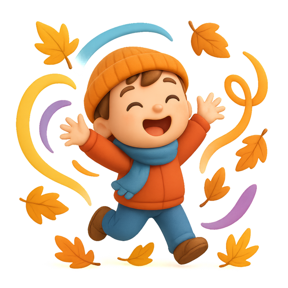 Joyful Child Playing in Autumn Leaves with Colorful Whirlwind Swirls png