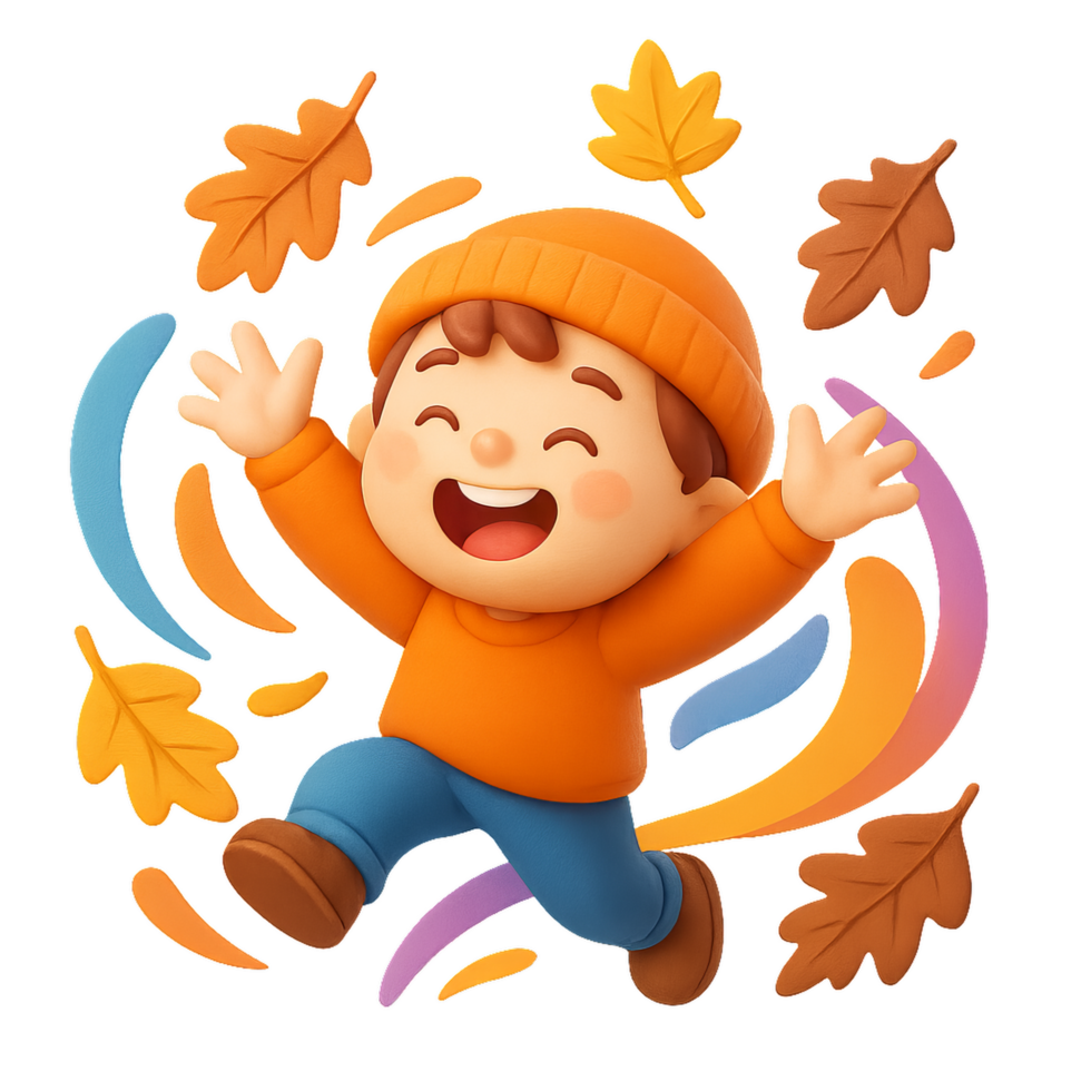 Joyful Child in Autumn Whirlwind with Colorful Leaves and Cheer png
