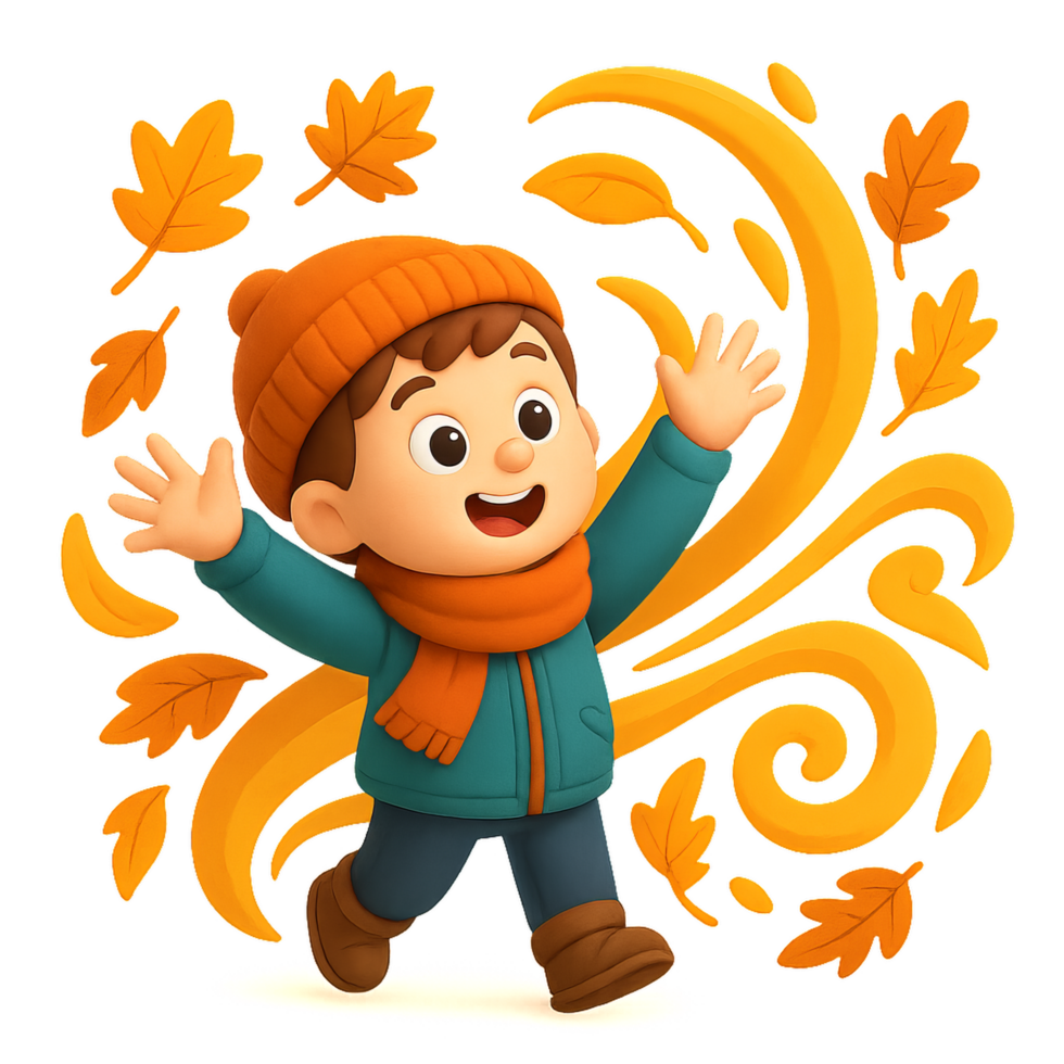 Happy Kid Joyfully Tossing Leaves in Autumn Wonderland Adventure png