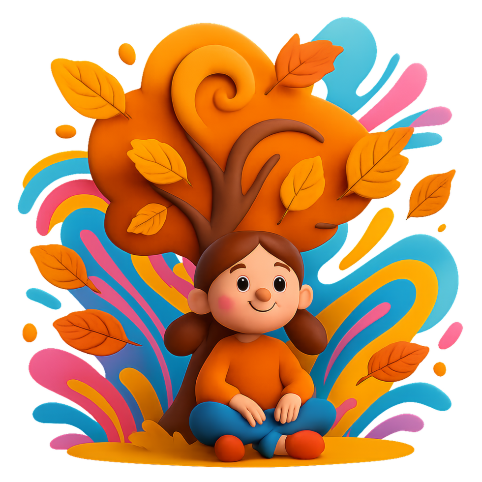 Charming Cartoon Girl Sitting Under Autumn Tree with Colorful Leaves png