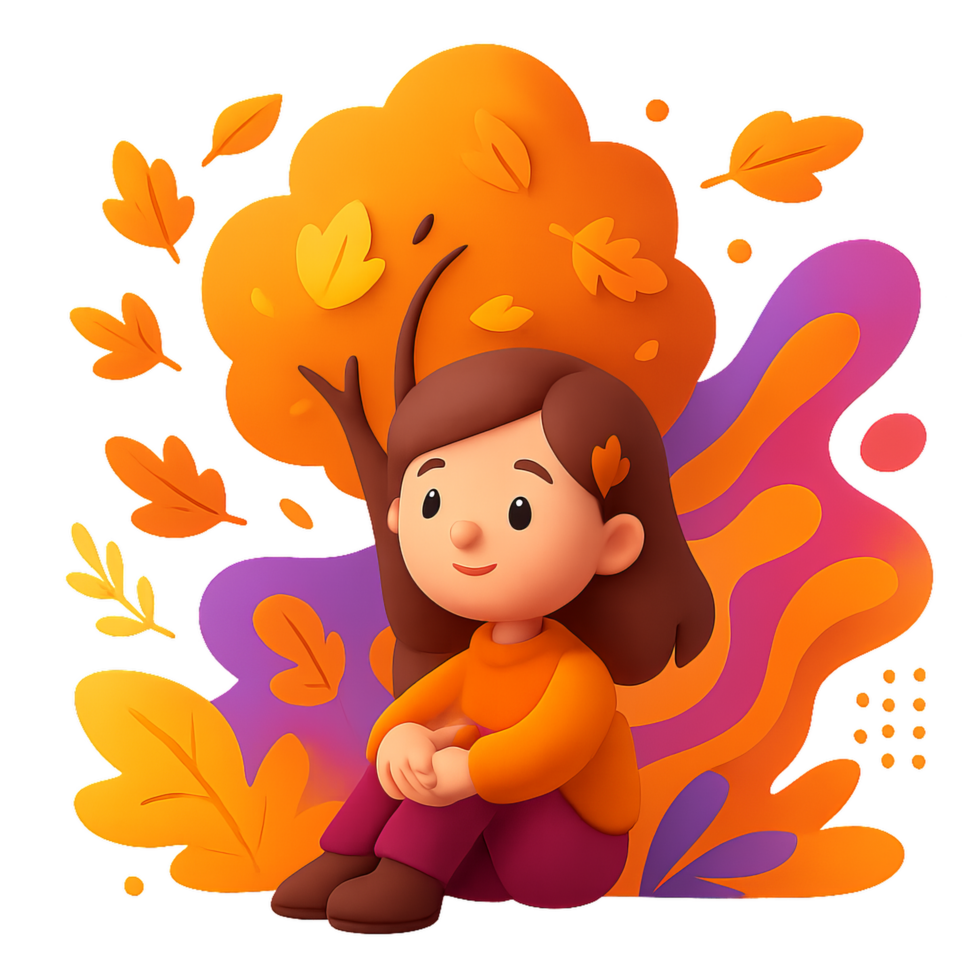 Cute Cartoon Girl Enjoying Autumn with Colorful Leaves png