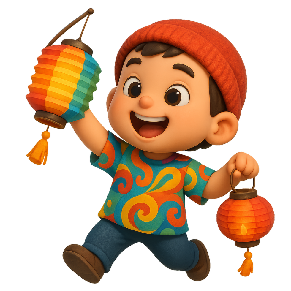 Joyful Child Celebrating Lantern Festival with Colorful Lanterns png