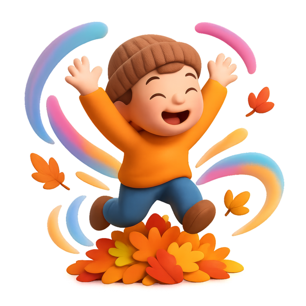 Joyful Child Jumping into Colorful Autumn Leaves in a Cheerful Scene png