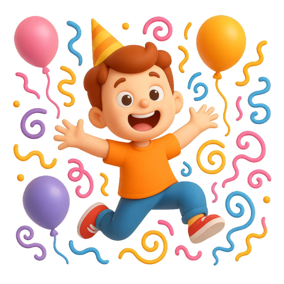 Joyful Child Celebrating at a Colorful Party with Balloons and Confetti png