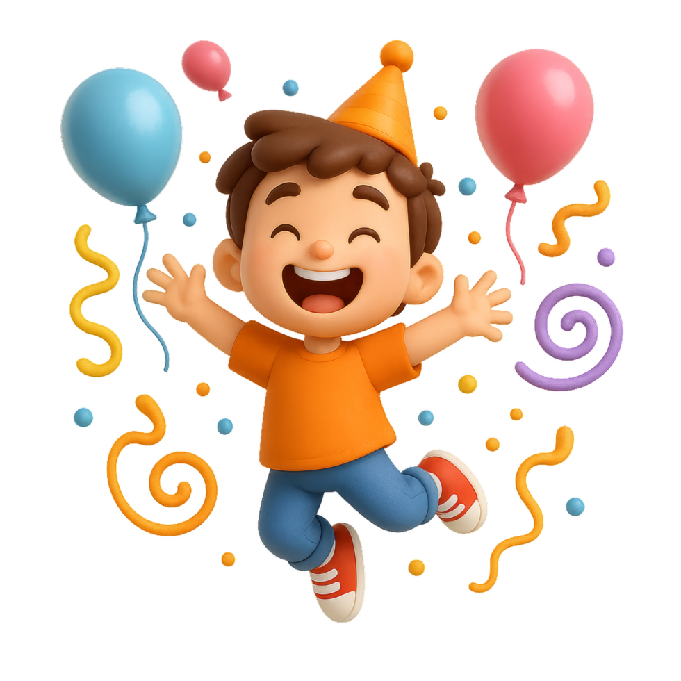 Joyful Child Celebrating at a Fun Party with Balloons and Confetti png