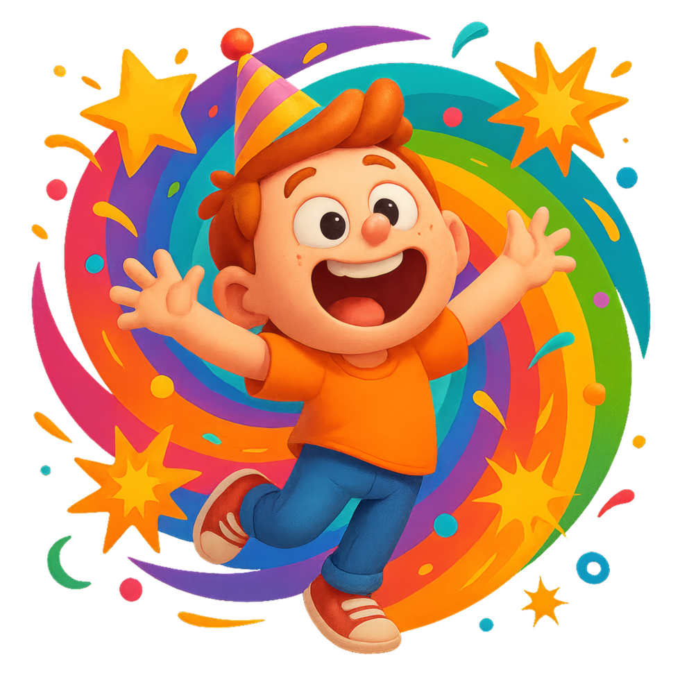 Happy Child Celebrating with Joyful Emotions and Colorful Background png