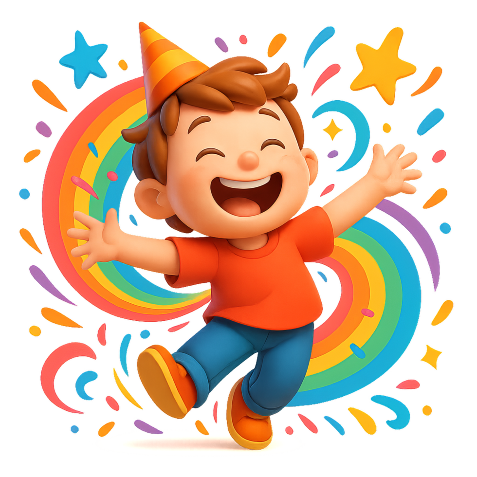 Joyful Child Celebrating with Party Hat and Colorful Background png