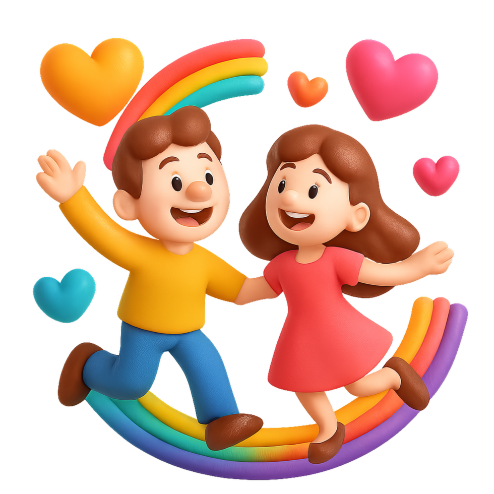 Joyful Dancing Couple with Colorful Hearts and Rainbow Elements png