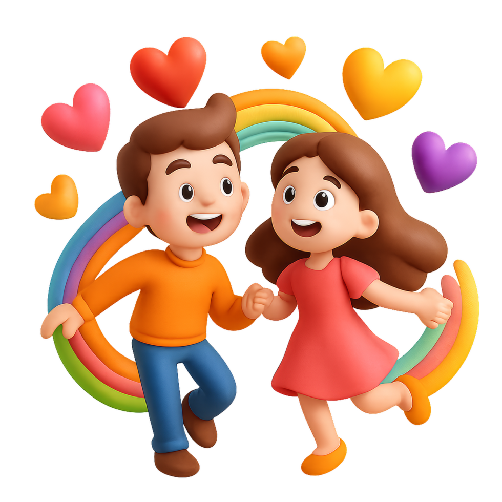 Joyful Dancing Couple Celebrating Happiness with Colorful Hearts png