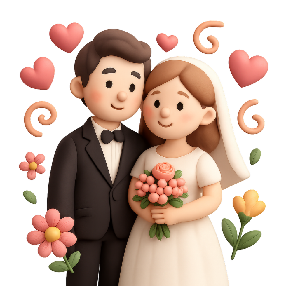 Charming Cartoon Wedding Scene with Happy Couple and Floral Decor png