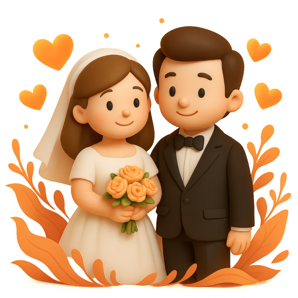 Charming Cartoon Illustration of Bride and Groom with Hearts png