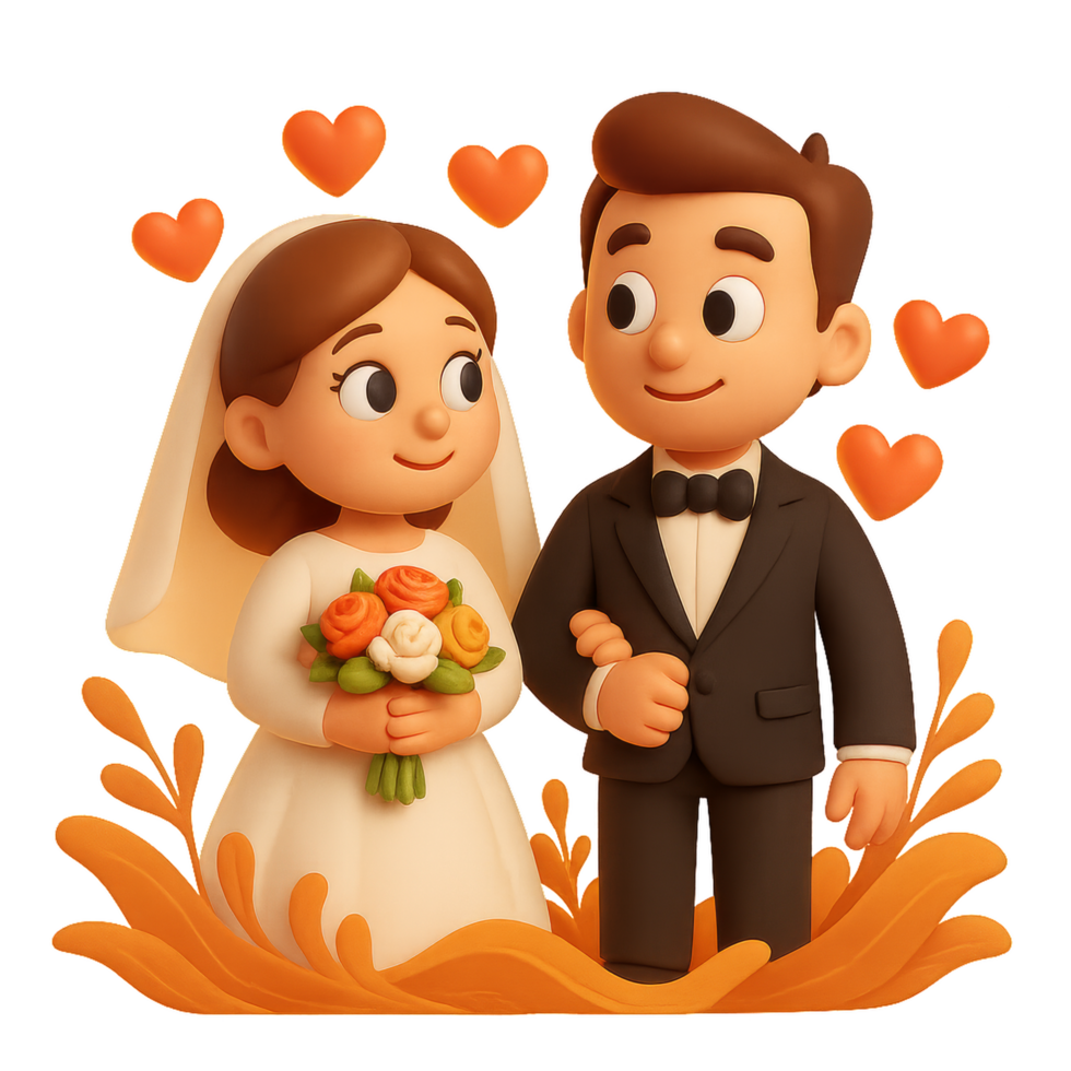 Charming Cartoon Bride and Groom with Heart Decorations and Flowers png