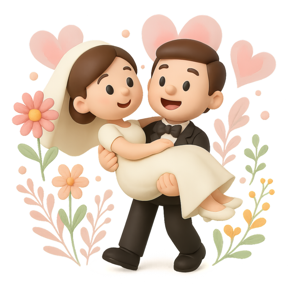 Romantic Cartoon Wedding Scene with Bride and Groom Embracing png