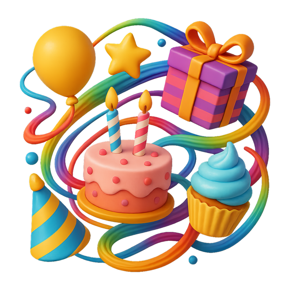 Colorful Birthday Celebration Elements with Cake and Balloons png