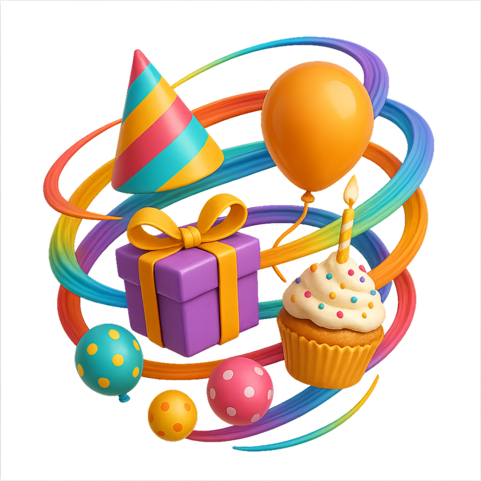 Floating Birthday Elements with Colorful Party Decorations png