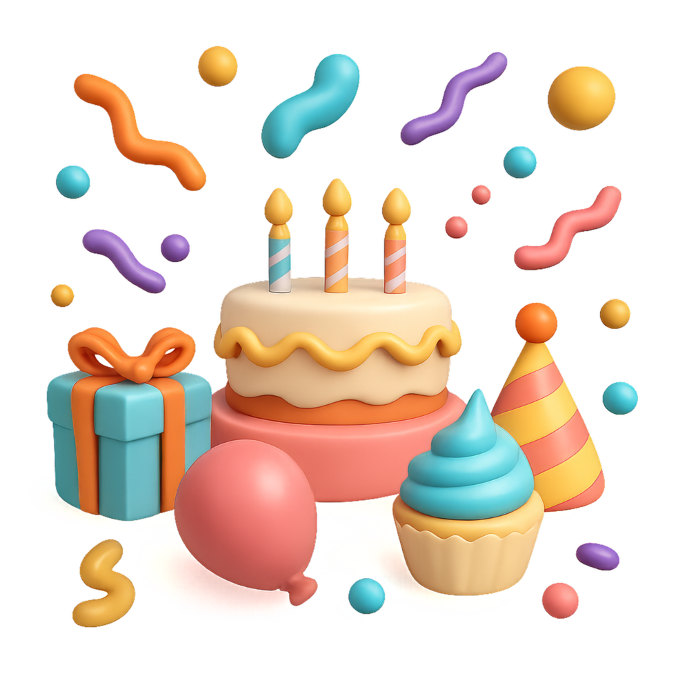 Colorful Abstract Birthday Celebration with Cake and Decorations png