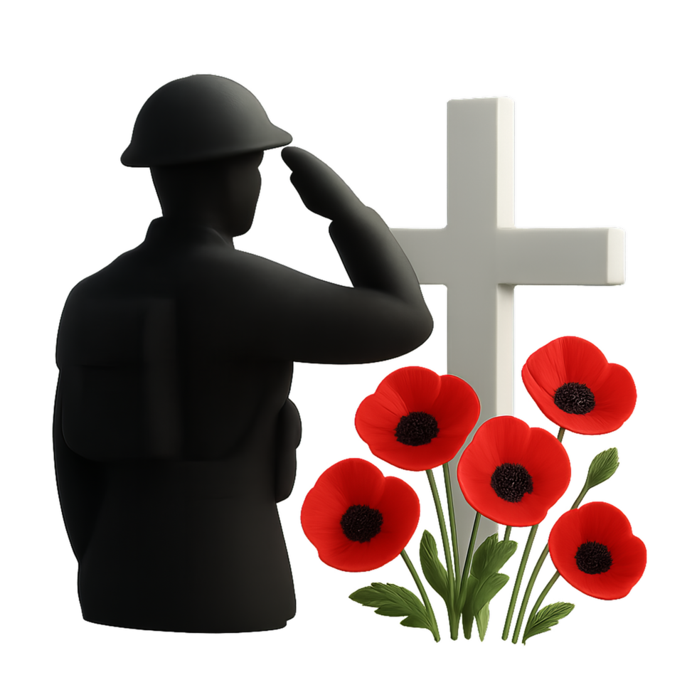 Saluting Soldier Silhouette at a Memorial with Poppy Flowers png