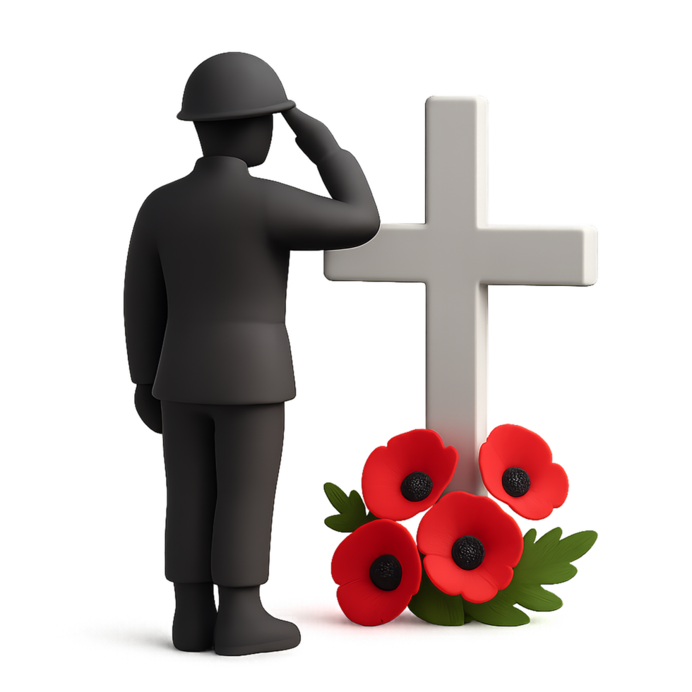 Silhouette of Saluting Soldier at a Memorial with Poppies png