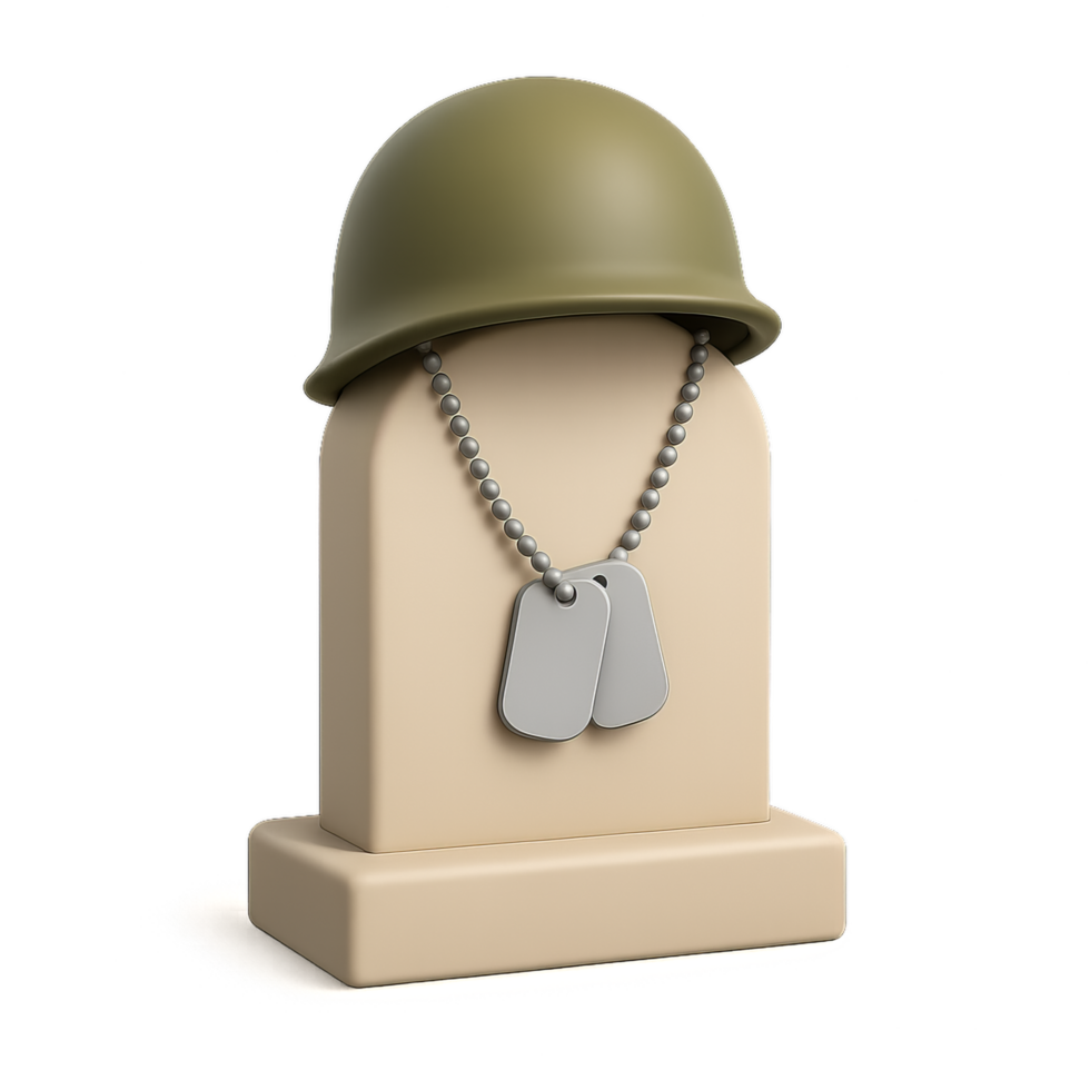Soldier Tribute Memorial with Helmet and Dog Tags on a Base png