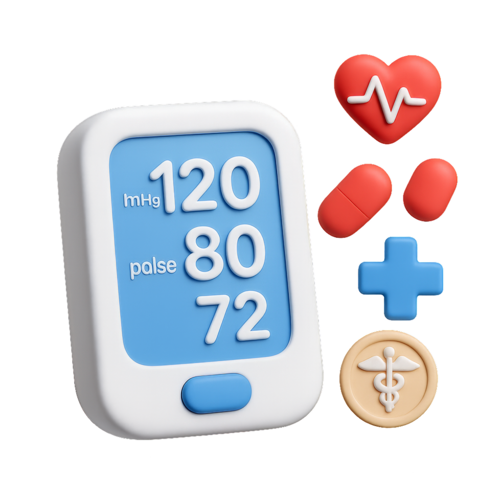 3D Digital Health Device with Simple Medical Icons and Metrics png