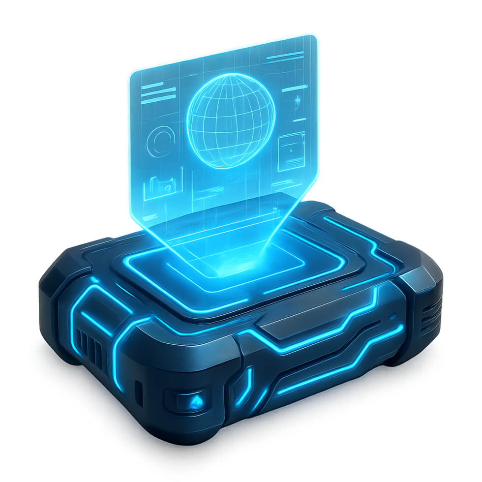 Futuristic Holographic Gadget with Glowing Interface Design png