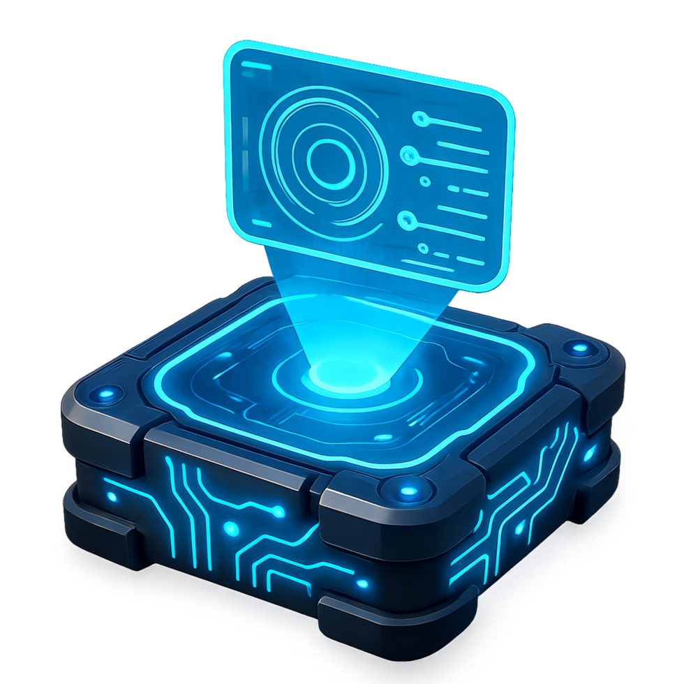 Futuristic Holographic Gadget with Blue Glow and Tech Elements png