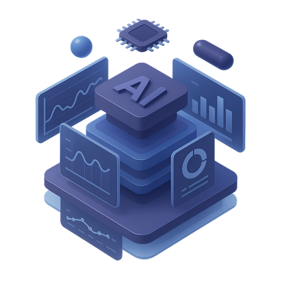 Futuristic Data Hub Illustration with AI Elements and Graphs png