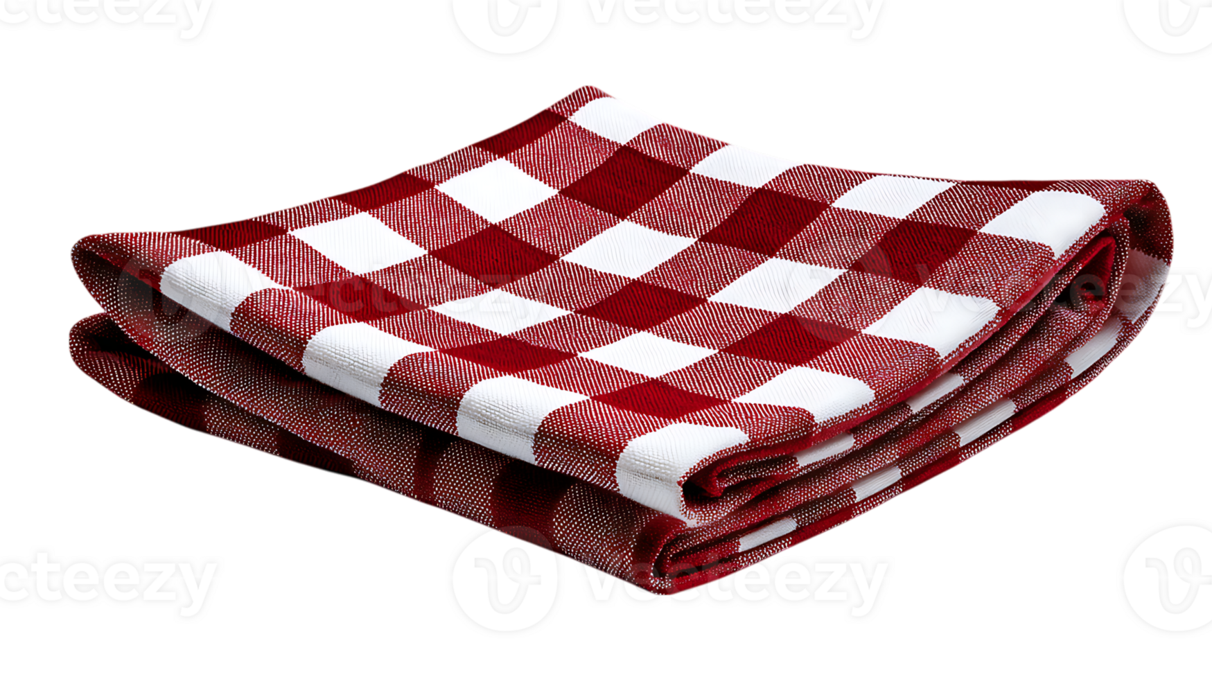 Folded red and white gingham checkered tablecloth isolated on transparent background png