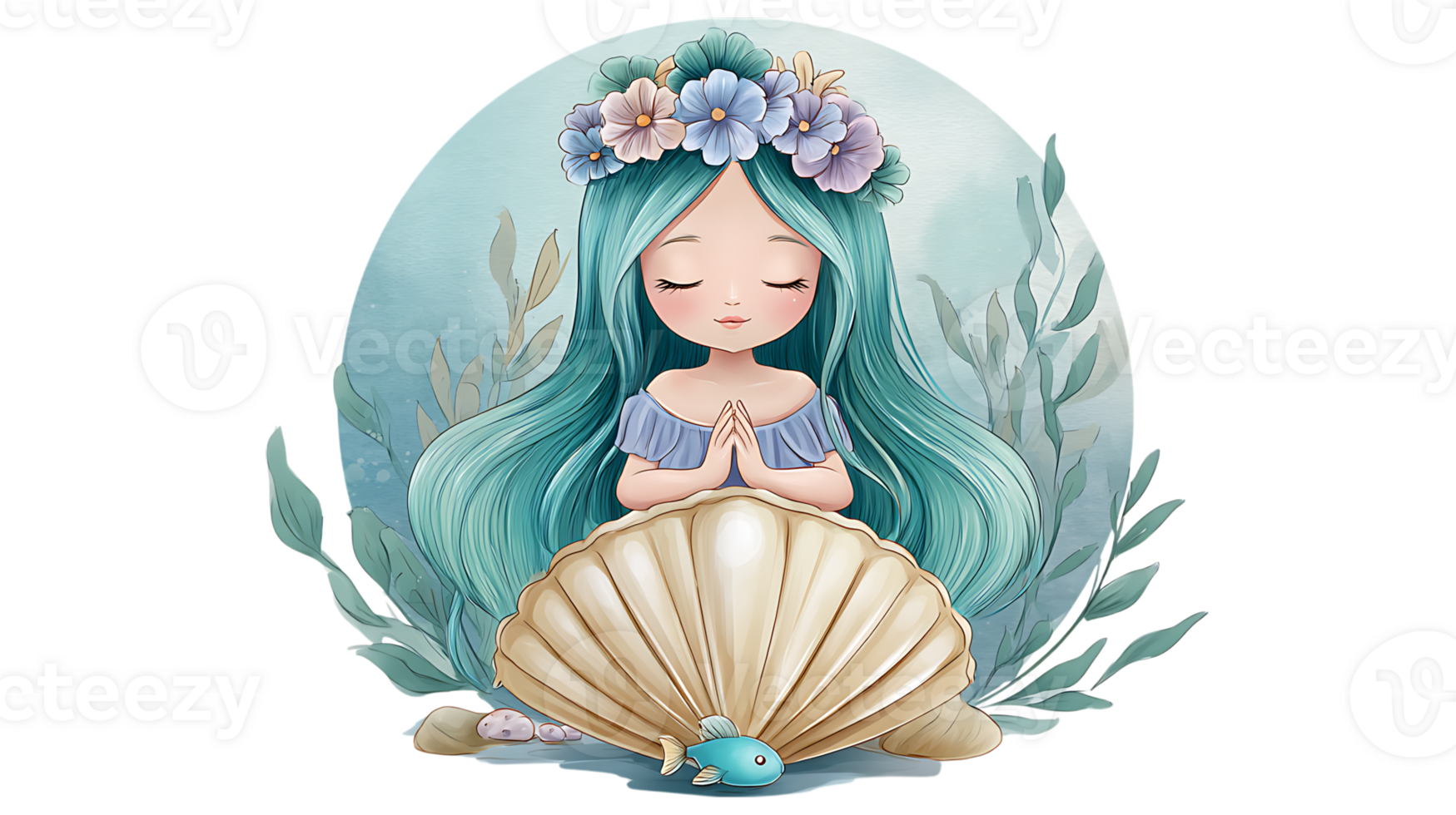Cute mermaid girl with teal hair sitting on seashell isolated on transparent background png
