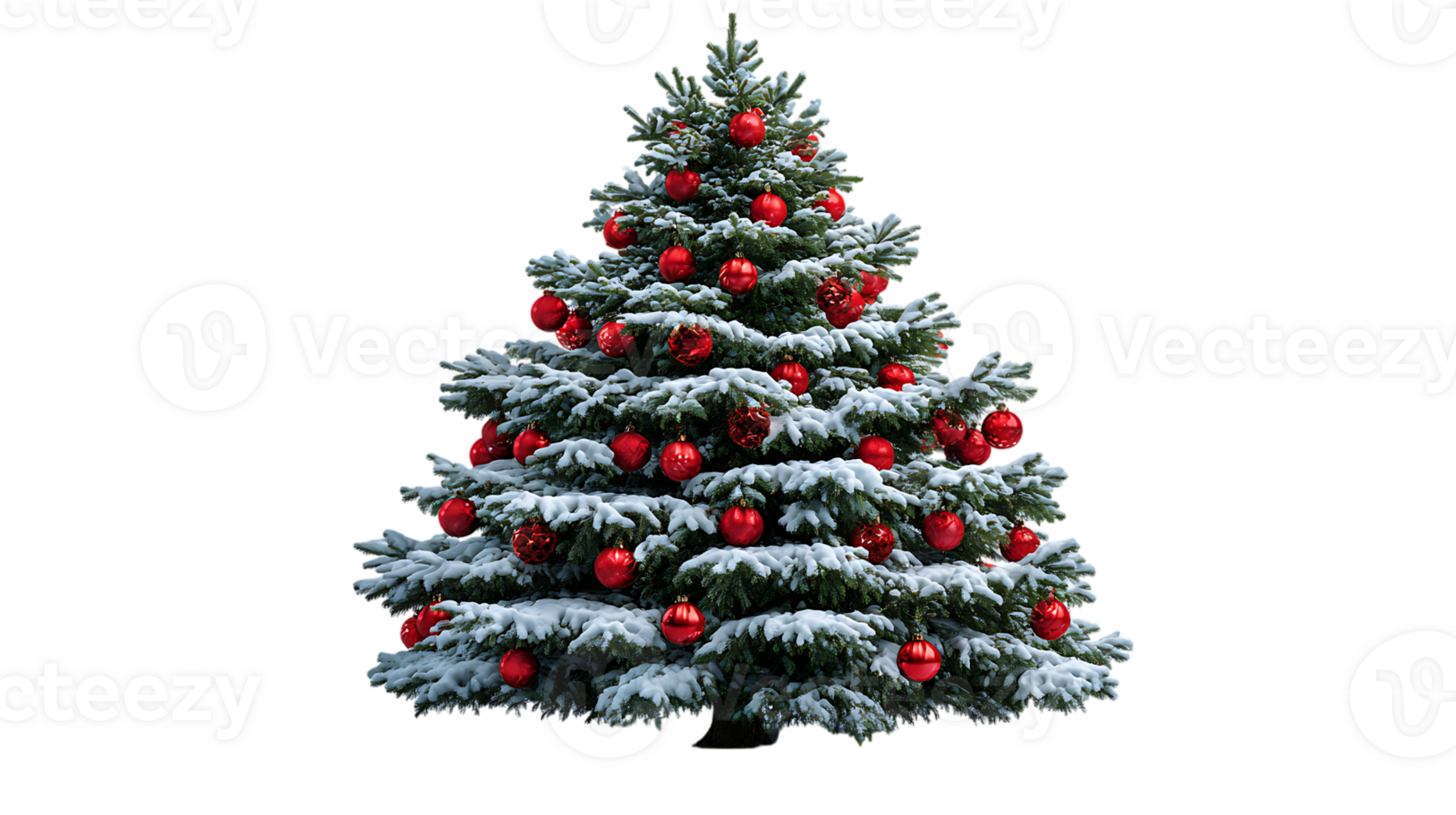 Snow covered christmas tree with red ornaments on transparent background png