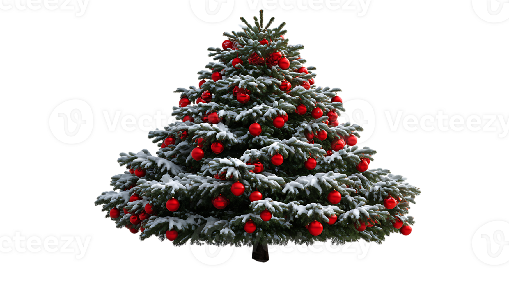 Snow covered christmas tree with red ornaments isolated on transparent background image png