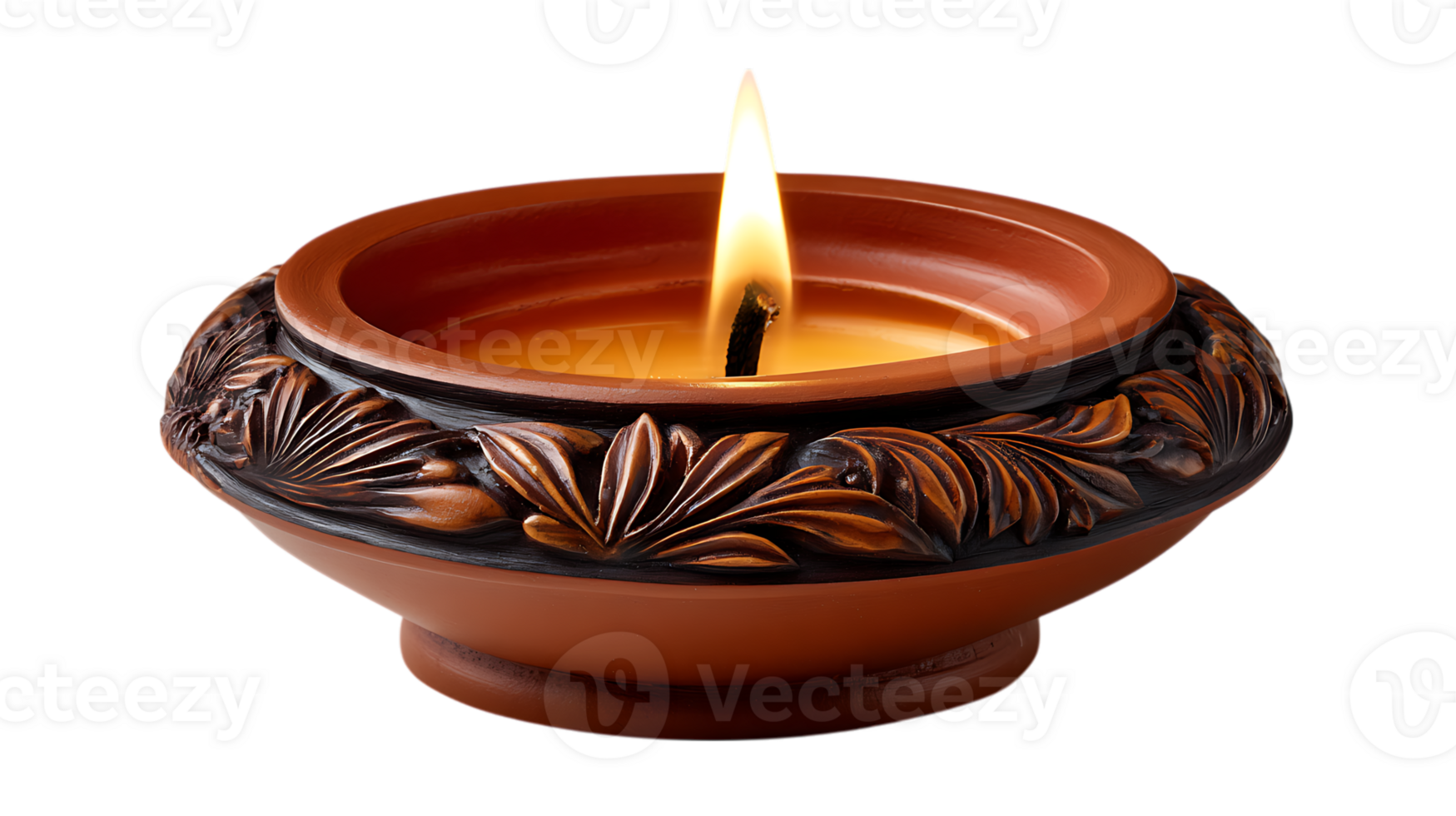 Ornate clay candle holder with burning candle on transparent image png