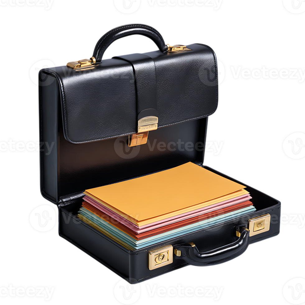 Open black leather briefcase with colorful documents isolated on transparent background png