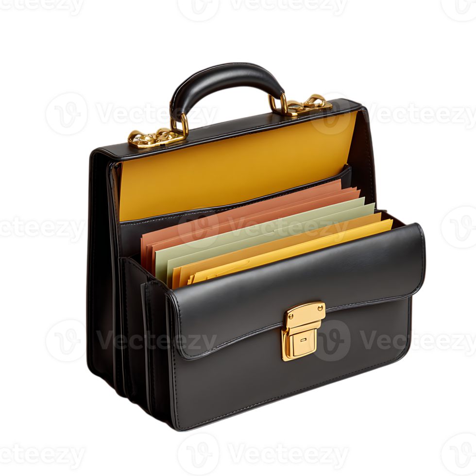 Black leather briefcase with gold accents and colorful files isolated on transparent background png