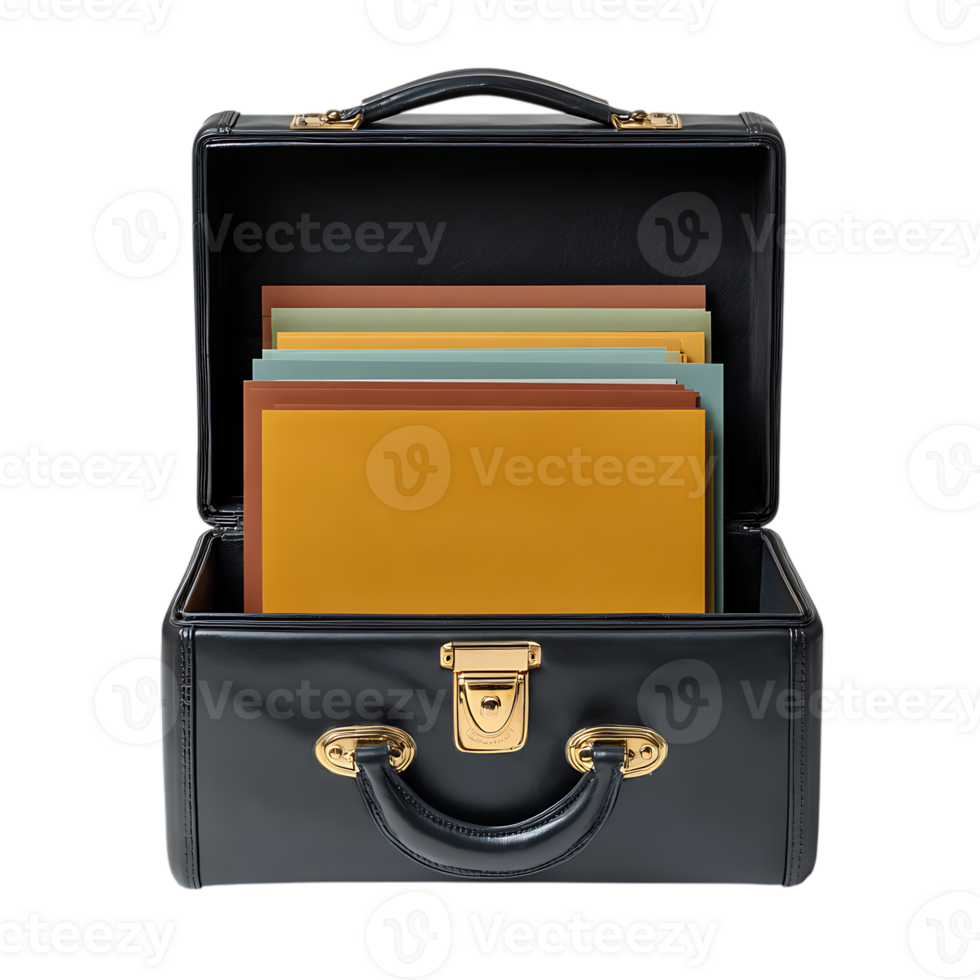 Open black leather briefcase with colorful files isolated on transparent background png