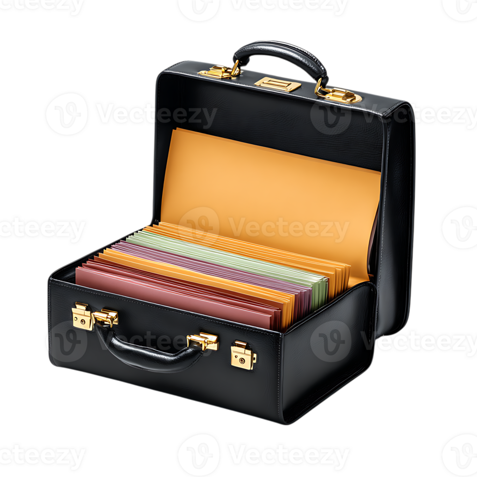 Black leather briefcase filled with colorful files on transparent background png