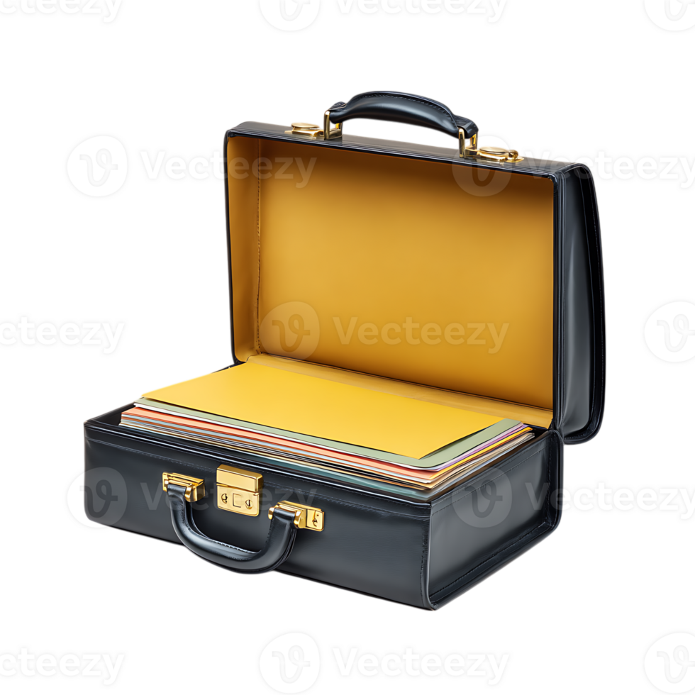 Black leather briefcase filled with documents isolated on transparent background png