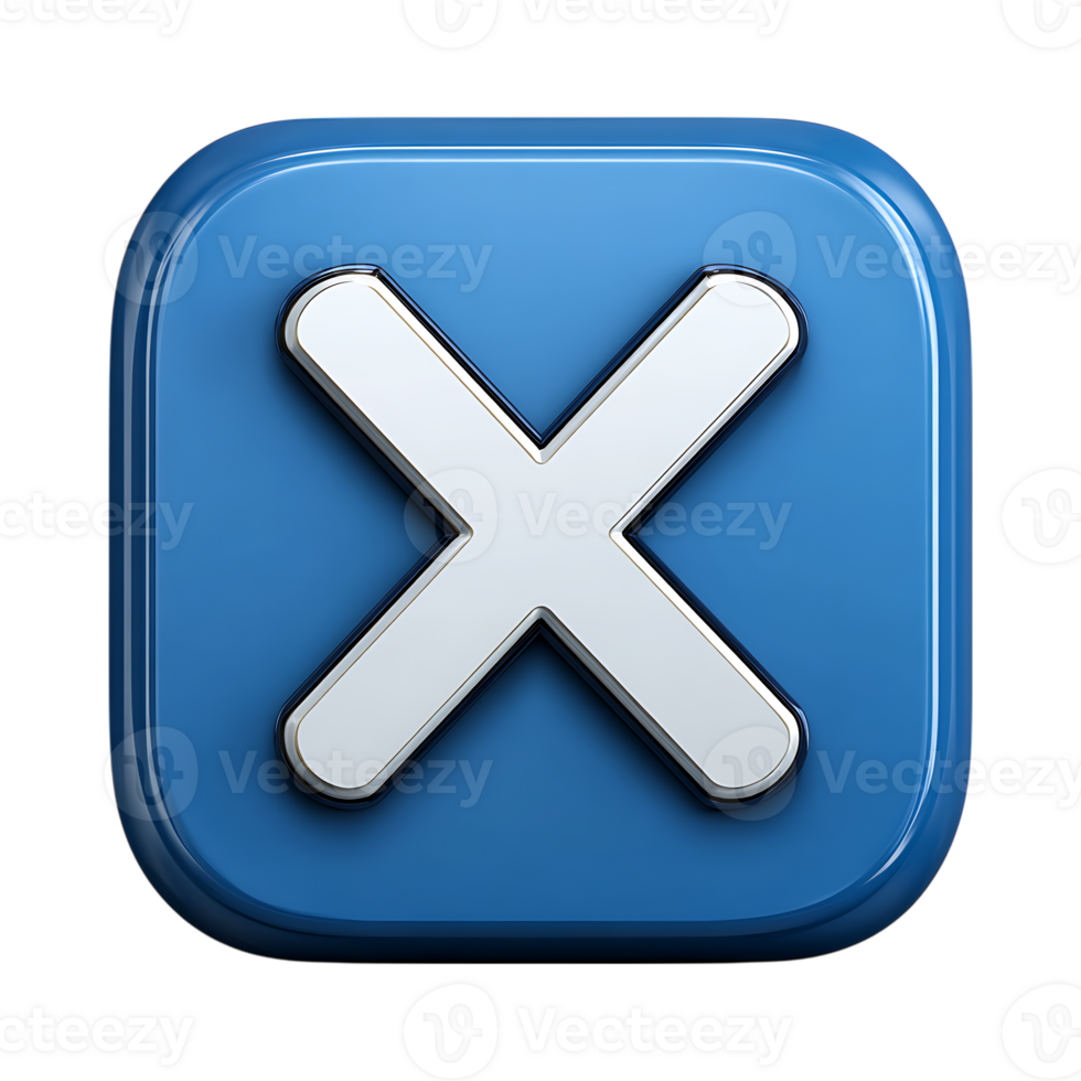 3d render of a blue square button with a silver x mark isolated on transparent background png
