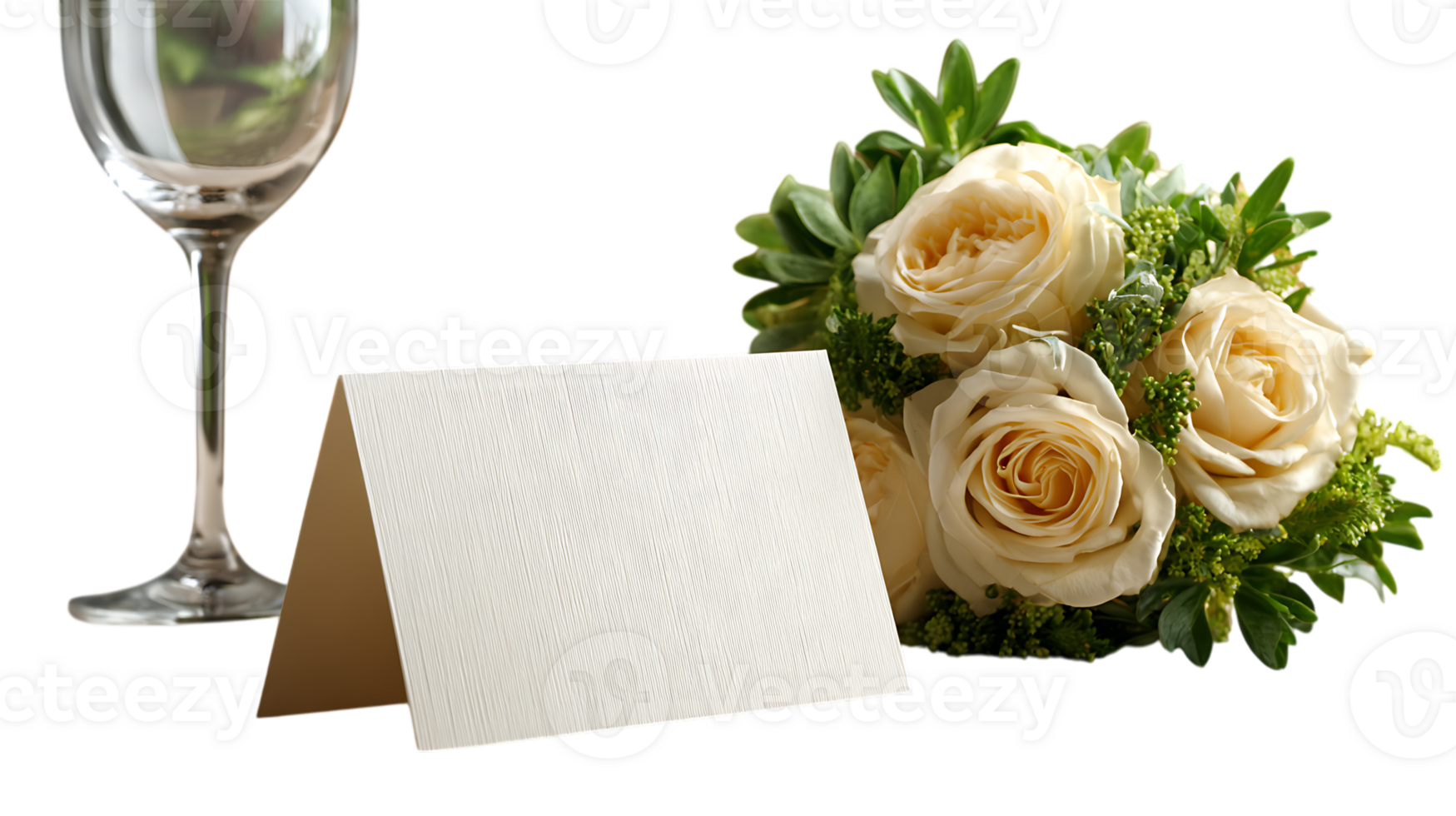 Blank place card with cream roses and wine glass isolated on transparent background png