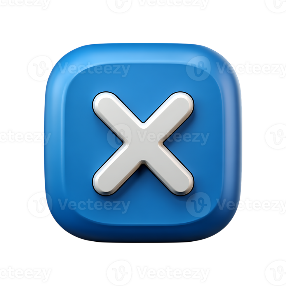 3d rendering of a blue square button with a white x mark isolated on transparent background png