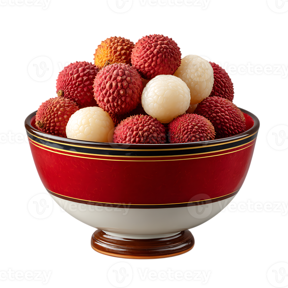 A vibrant red ceramic bowl filled with ripe lychee fruits and peeled lychee flesh showcasing their unique textures and colors isolated on transparent background png