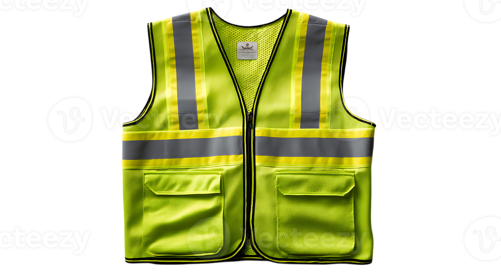 High visibility neon yellow safety vest with reflective stripes and pockets for workwear or construction isolated on transparent background png