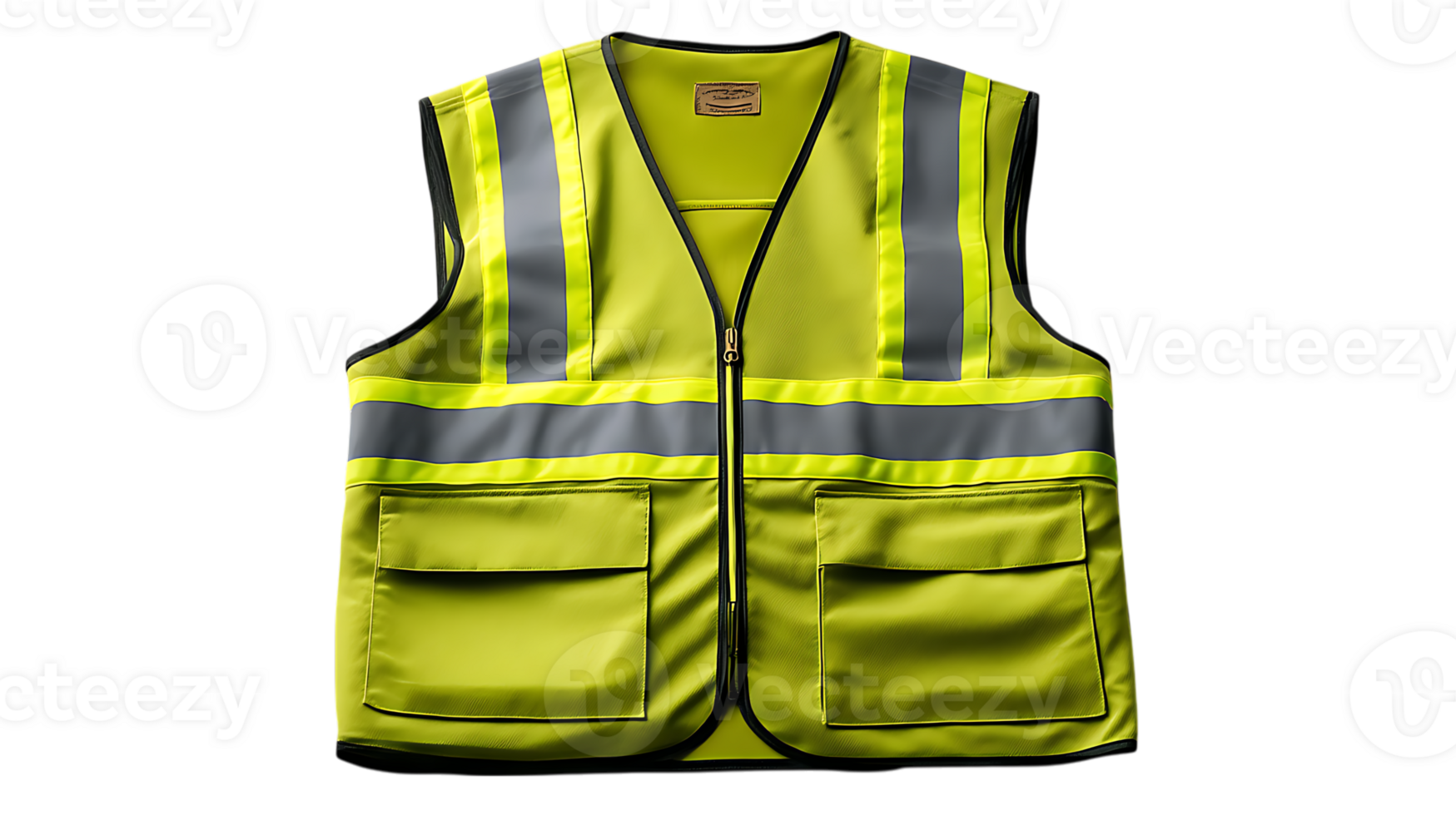 High visibility lime green safety vest with reflective strips and pockets isolated on transparent background png