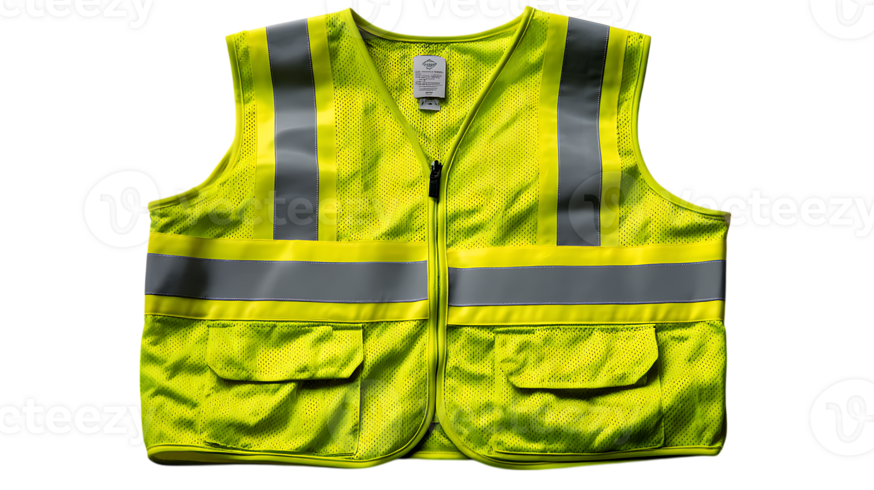 Bright yellow mesh safety vest with reflective silver stripes and multiple pockets isolated on transparent background png