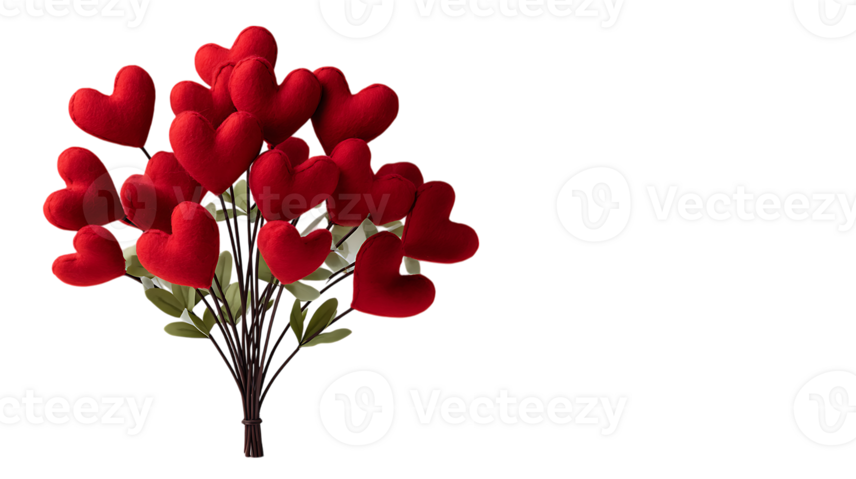 A generous bouquet of red felt hearts tied together with green leaves and stems isolated on transparent background png